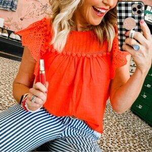 J. Crew Flutter Sleeve Eyelet Pom Pom Blouse Orange Size Small